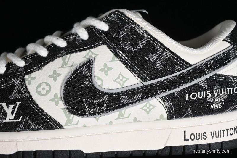 Nike SB Dunk Low LV Collaboration - Black Denim Print Anniversary Custom Low-Top Casual Sneakers - SJ2068-256