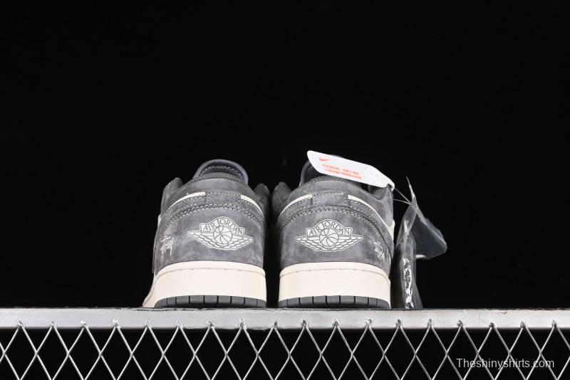 Nike Air Jordan 1 Low AJ1 Stussy Collaboration - Grey Pigskin Custom Low-Top Basketball Shoes - SJ9950-010