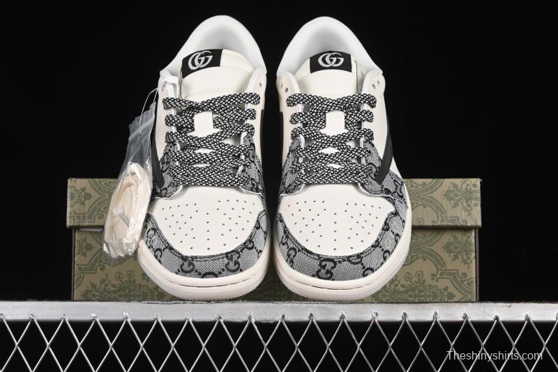 Nike Travis Scott x Fragment Design x Air Jordan 1 Low OG SP AJ1 Gucci Collaboration - Black Grey Pattern Low Top Casual Sneakers - XY2688-117