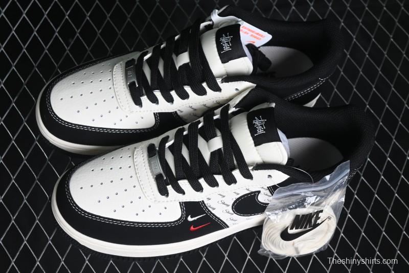 Nike Air Force 1 '07 Low Stussy Collaboration - Black White Mini Swoosh Low-Top Casual Sneakers - SJ6698-010