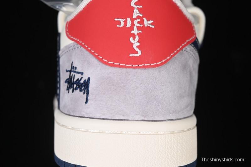 Nike Travis Scott x Fragment Design x Air Jordan 1 Low OG SP AJ1 Stussy Collaboration - Grey Blue Hook Lace Low Top Casual Sneakers - SJ0086-140