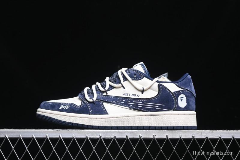 Nike Travis Scott x Fragment Design x Air Jordan 1 Low OG SP AJ1 Bape Collaboration - Klein Blue Lace-Up Low-Top Casual Sneakers - XS3186-201