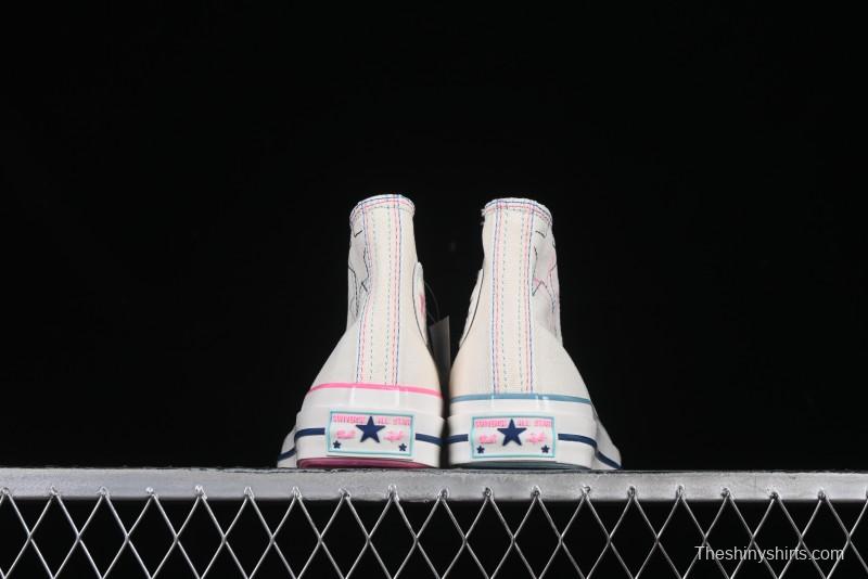 Converse Chuck 1970s High Top Casual Sneakers with Star Stitching and White-Pink-Blue Mismatched Design - A15744C
