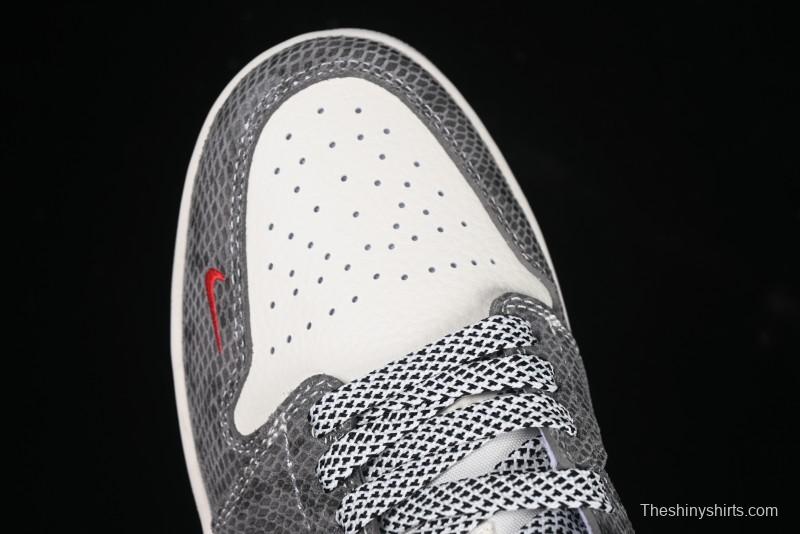 Nike Air Jordan 1 Low Retro Basketball Shoes with Custom Stussy Grey Snake Design - FC1688-202