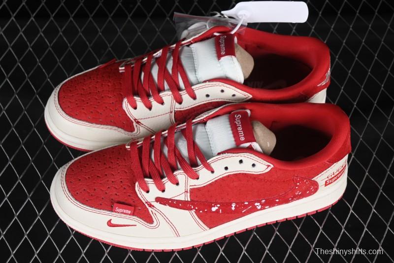 Nike Travis Scott x Fragment Design x Air Jordan 1 Low OG SP AJ1 Collaboration Woven China Red Low-Top Casual Sneakers - XS2024-040