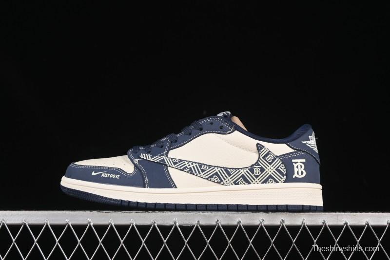 Nike Travis Scott x Fragment Design x Air Jordan 1 Low OG SP AJ1 Burberry Collaboration Dark Blue Swoosh Low-Top Casual Sneakers - LD2025-014