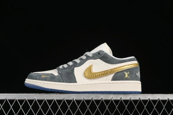 Nike Air Jordan 1 Low LV Collaboration Gold Swoosh Snake Scale Custom Retro Basketball Shoes - XX3168-167