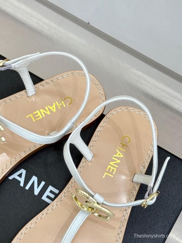 2025 Women Chanel White Leather Sandals KFY00290
