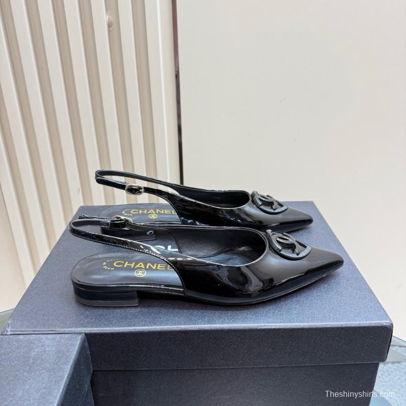2025 Women Chanel Black Satin Leather Slingback Flats KFY00290