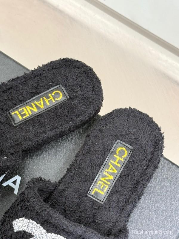 2025 Women Chanel Black Terry Cloth Slippers KFY00220