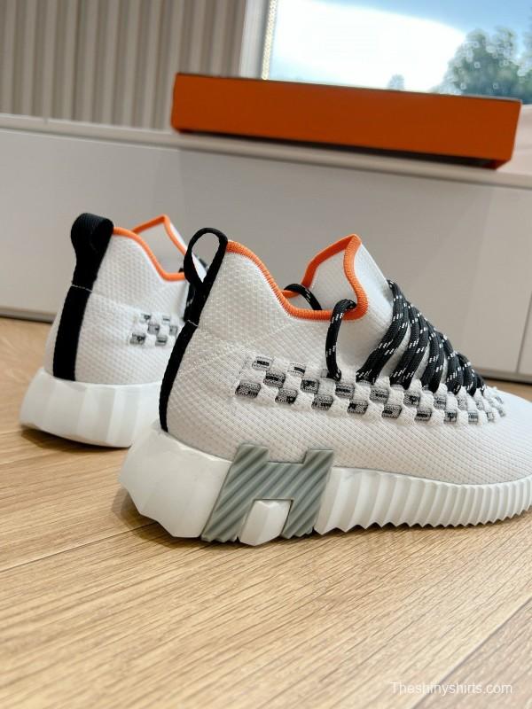 2024 Unisex Hermès White Black Orange Calfskin Suede Knit Sneakers MJ00290