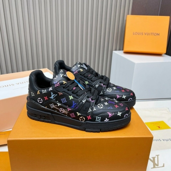 2025 Unisex Louis Vuitton Black Multicolor Leather LV Trainer Sneakers KFY00370
