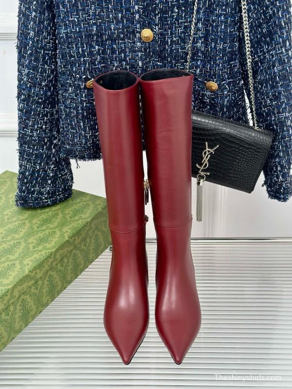 2024 Women Gucci Wine Leather Knee High Boots Chain Link MJ00550