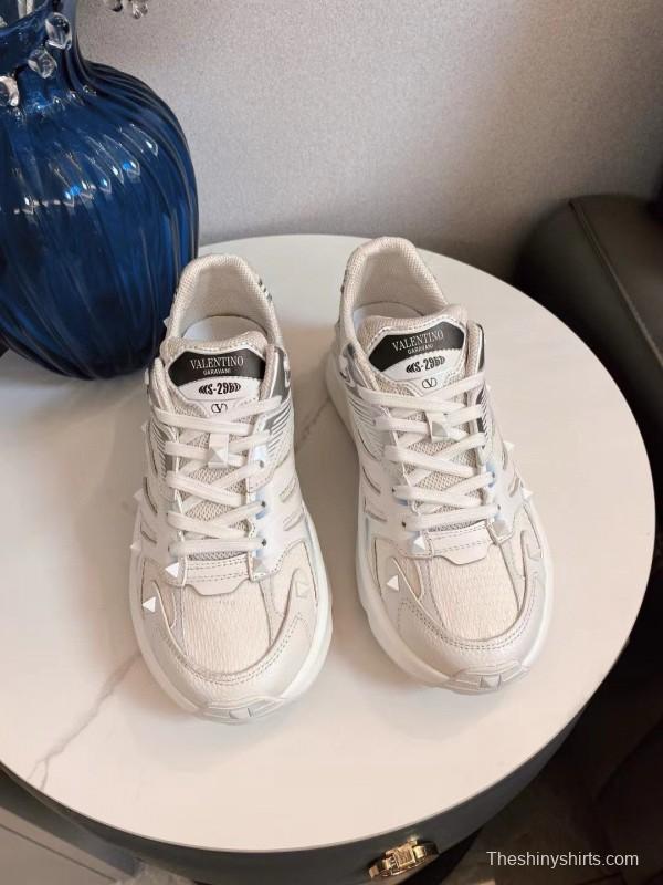 2024 Unisex Valentino White Silver Mesh Leather Sneakers MJ00410