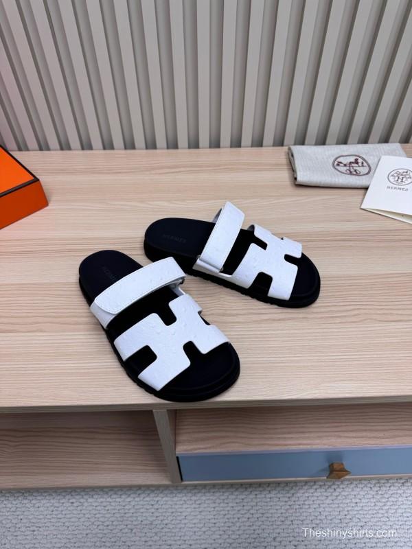 2025 Slippers Hermès Black White Leather Slippers
