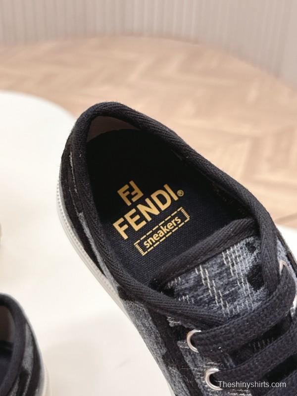 2025 Women Fendi Black Grey Fabric Leather Sneakers