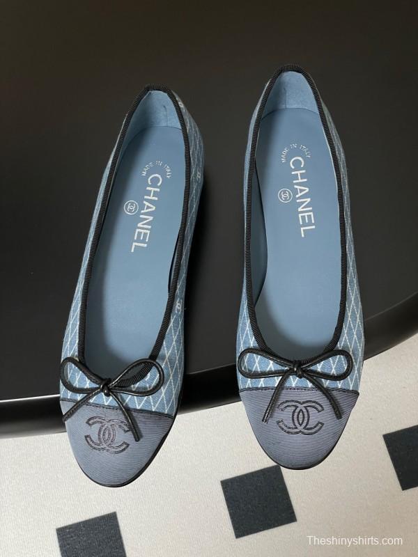 2025 Women Chanel Blue Denim Ballet Flats KFY00300