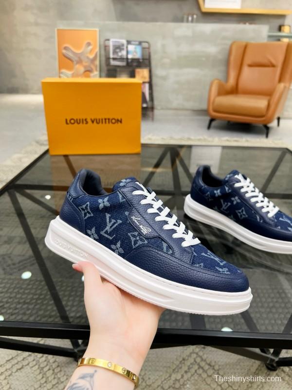 2024 Men Louis Vuitton Blue Leather Denim Sneakers MJ00400