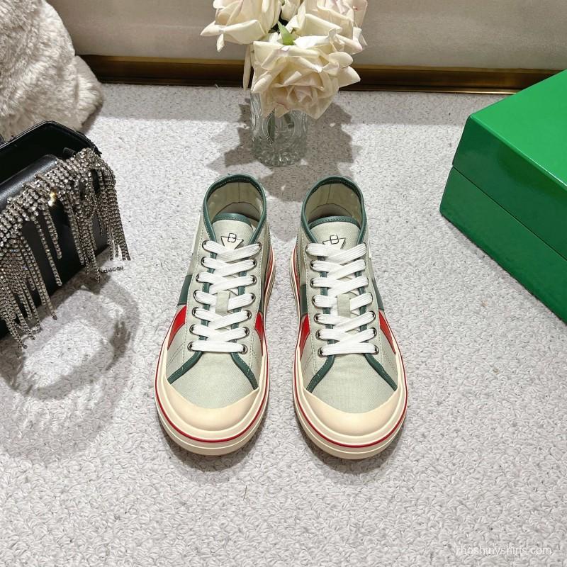 2025 Unisex Bottega Veneta Green Red Canvas Leather Sneakers Hand Painted LY00