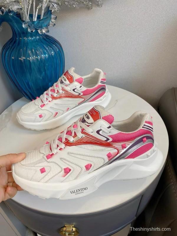 2024 Unisex Valentino White Pink Mesh Leather Sneakers MJ00410