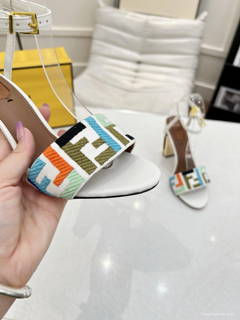 2025 Women Fendi White Blue Orange Fabric Leather High Heel Sandals MJ00280