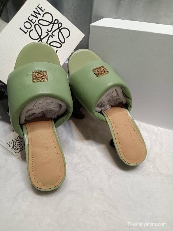 2025 Women Loewe Green Leather Slippers