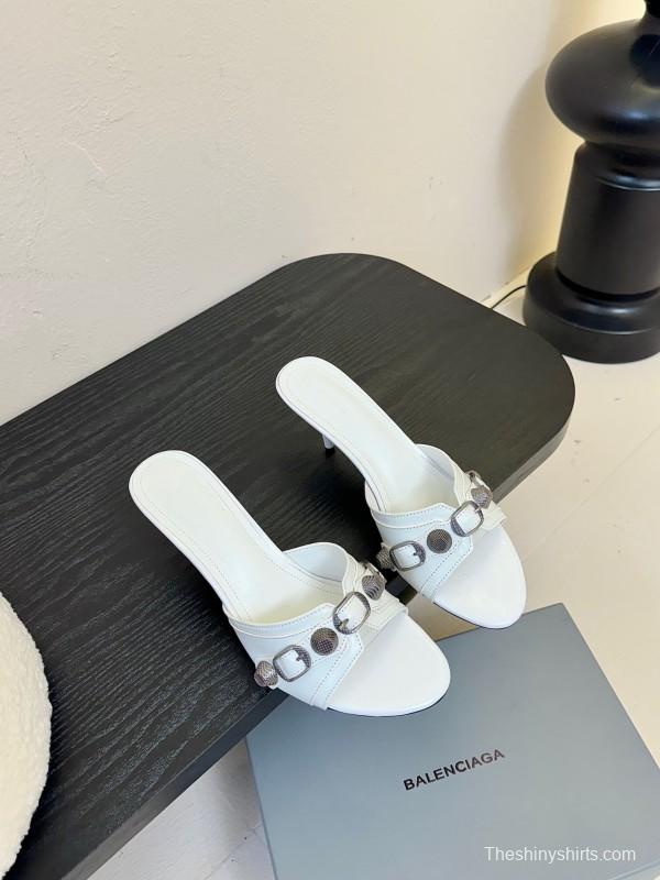 2025 Women Balenciaga White Leather Heeled Mules KFY00290