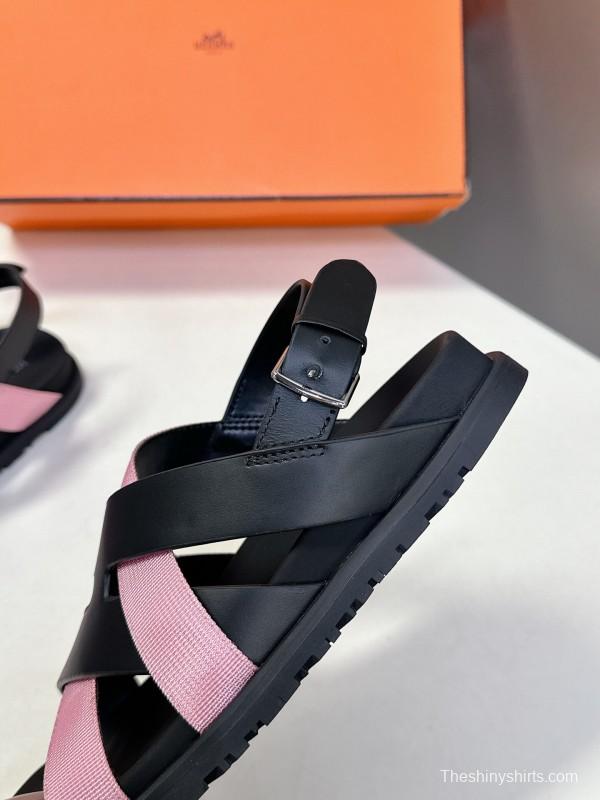 2025 Women Hermès Pink Black Leather Sandals