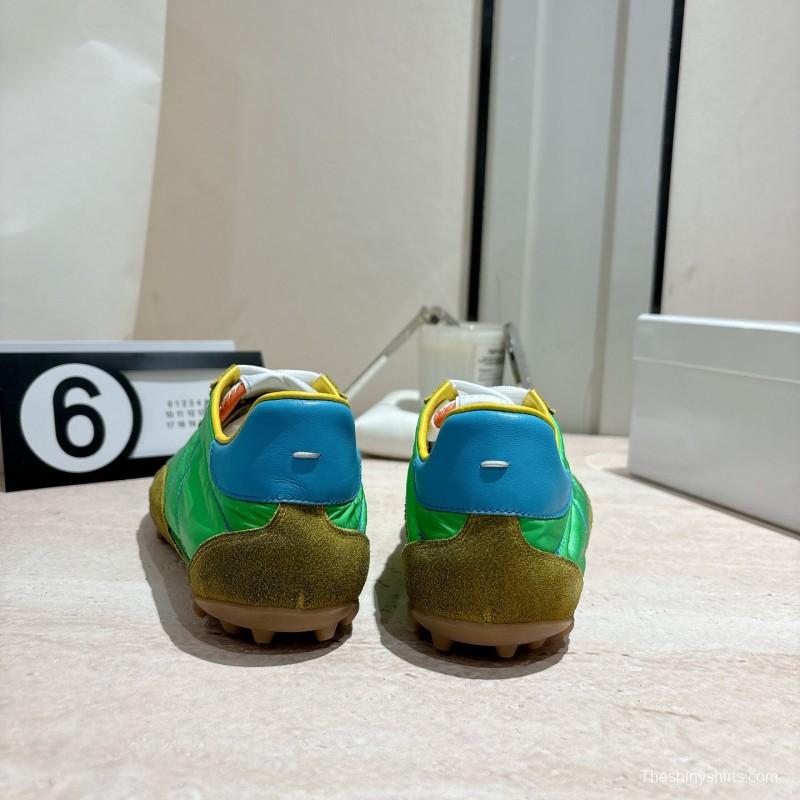 2025 Unisex Maison Margiela Green Yellow Leather Nylon Suede Sneakers Distressed