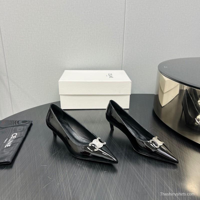 2025 Women Celine Black Patent Leather Pointed Toe Buckle Pumps KFY00290