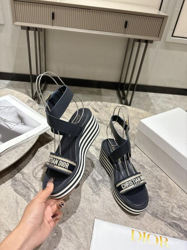 2025 Women Dior Black Leather Sandals Christian Dior Logo KFY00280