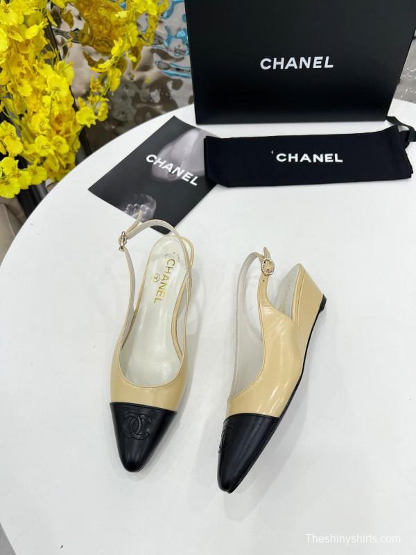 2025 Women Chanel Apricot Black Leather Slingback Flats
