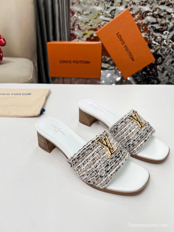 2025 Women Louis Vuitton White Brown Tweed Leather Sandals LY00220