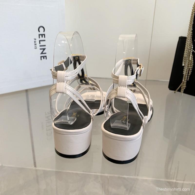 2025 Women CELINE White Leather Sandals Metal Detail KFY00300