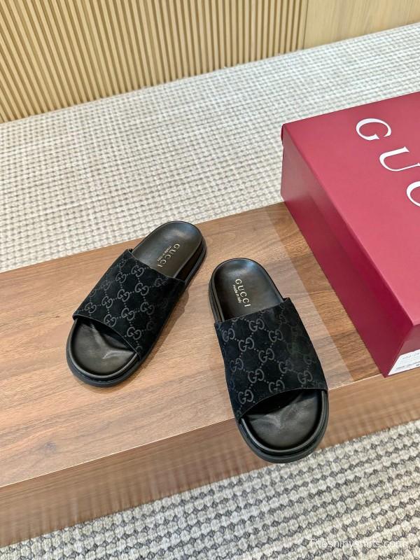 2025 Women Gucci Black Suede Leather Slippers