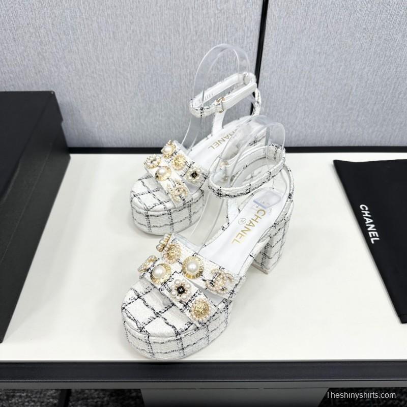 2025 Women Chanel White Black Fabric Platform Sandals Pearl Embellishment