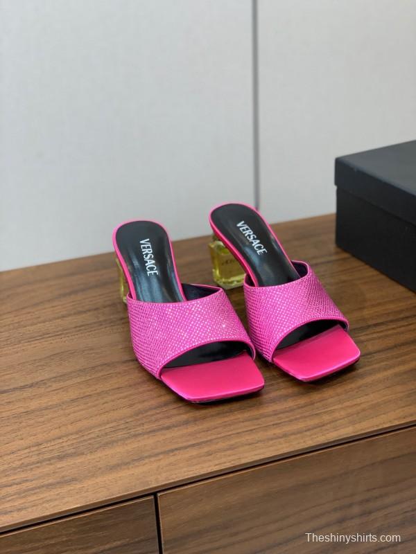 2025 Women VERSACE Pink Silk Leather Mules Crystal Embellishment KFY00300