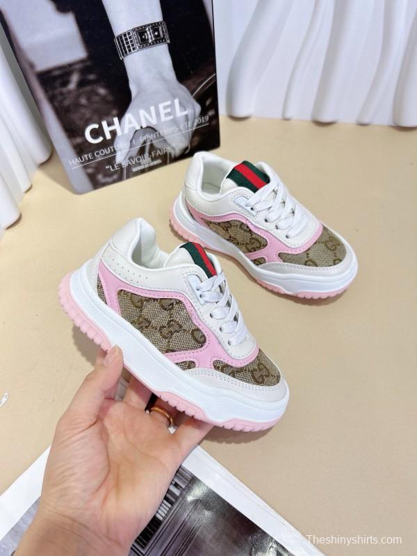 2024 Kids CHANEL Pink White Canvas Leather Sneakers