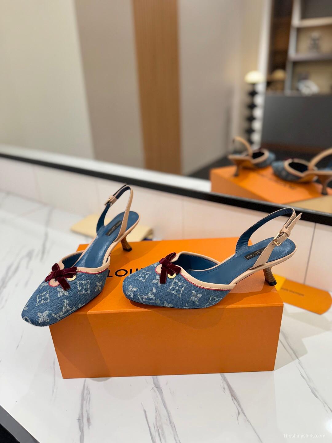 2025 Women Louis Vuitton Blue Denim LV Monogram Leather Sandals Buckle KFY00310