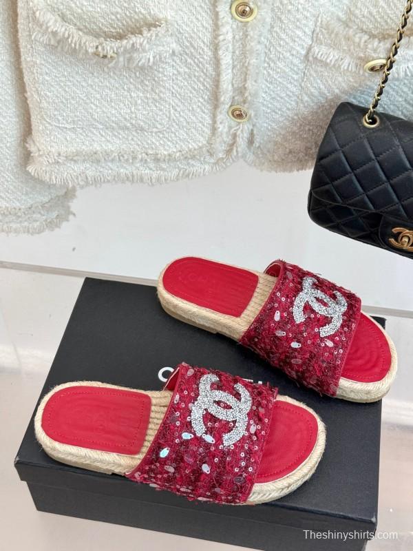 2025 Women Chanel Red Sequin Espadrille Slides Classic Craftsmanship KFY00240(F)