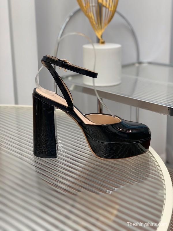 2025 Women Gianvito Rossi Black Patent Leather Platform Sandals KFY00340