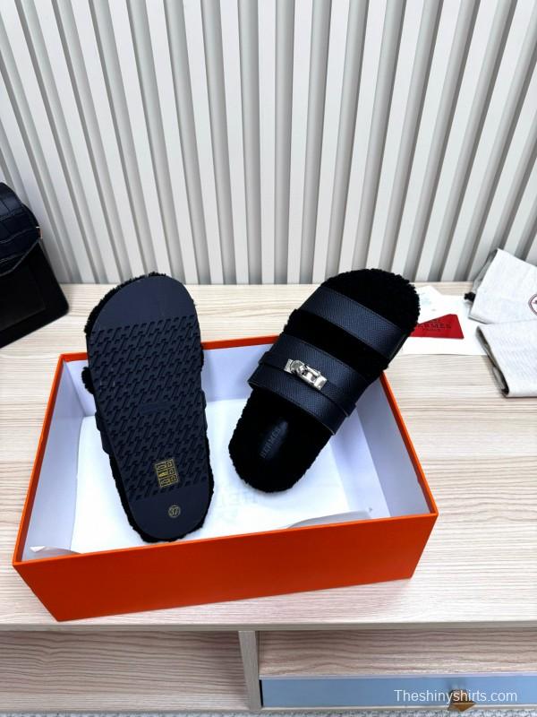 2024 Women Hermès Black Leather Shearling Slippers