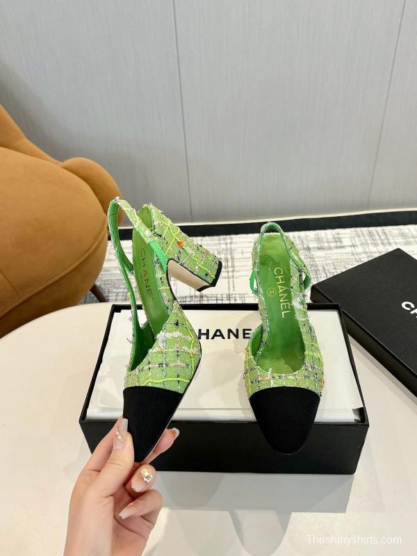 2025 Women Chanel Green Black Tweed Pump Slingback LY00270