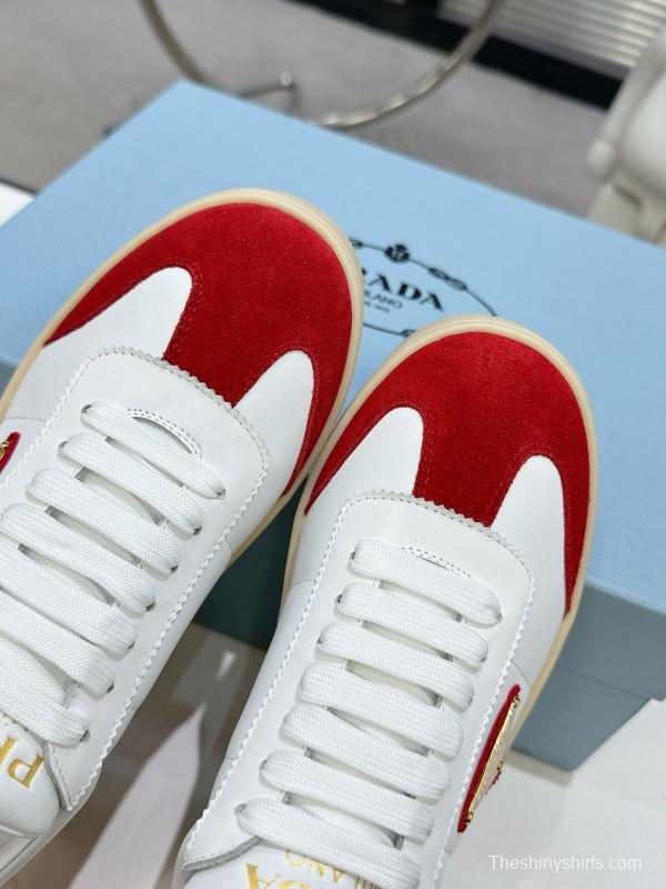 2025 Women Prada White Red Suede Leather Sneakers
