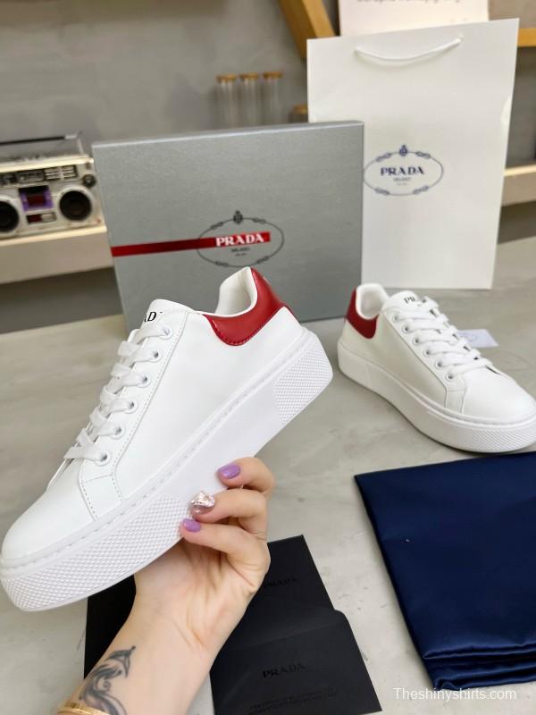 2024 Unisex Prada White Red Calfskin Silk Thick Sole Sneakers MJ00310