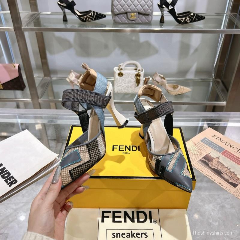 2025 Women Fendi Grey Blue Black Leather Mesh High Heels