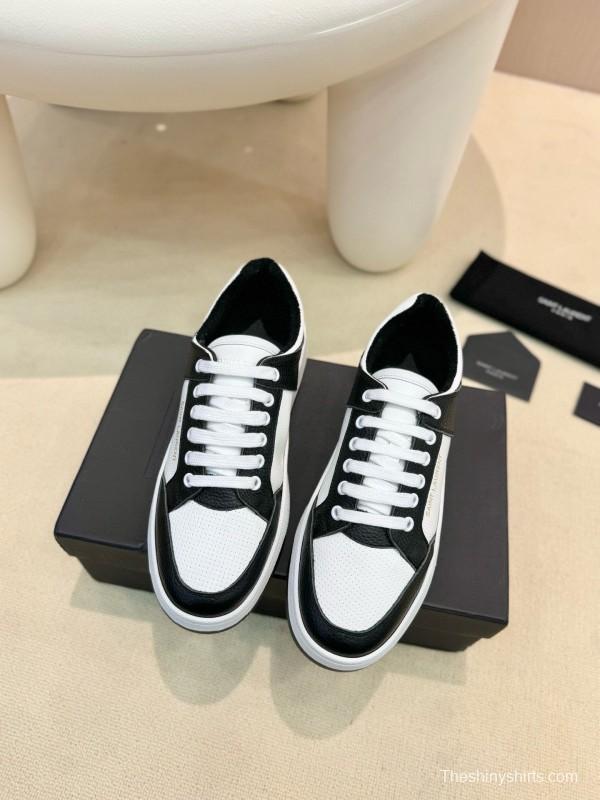 2024 Unisex Yves Saint Laurent Black White Silk Leather Sneakers MJ00350