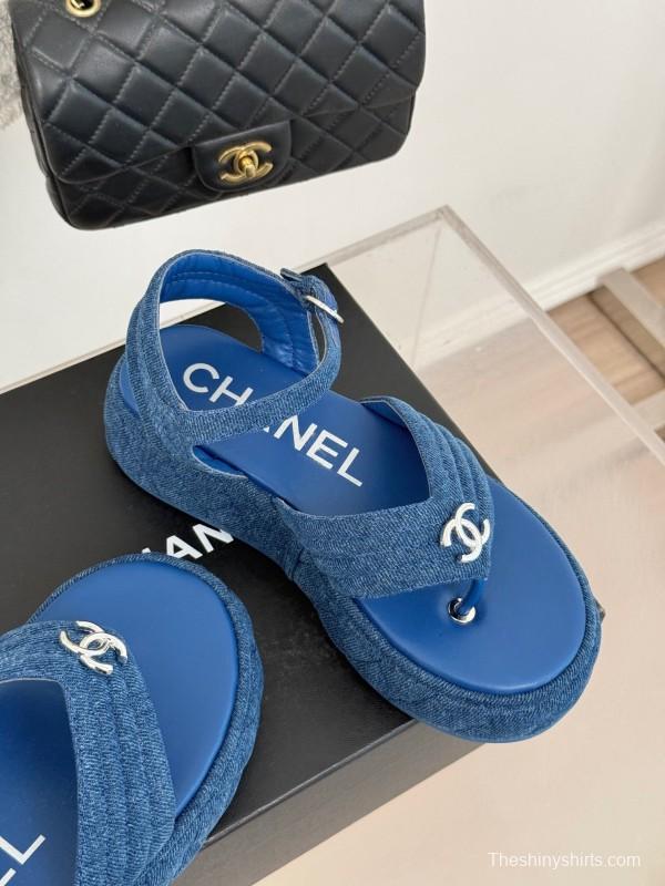 2025 Women Chanel Blue Denim Leather Platform Sandals KFY00260