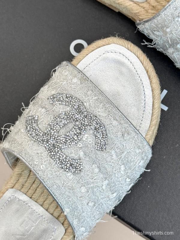 2025/Women Chanel White Lace Espadrille Slides Handmade Craft KFY00240(F)