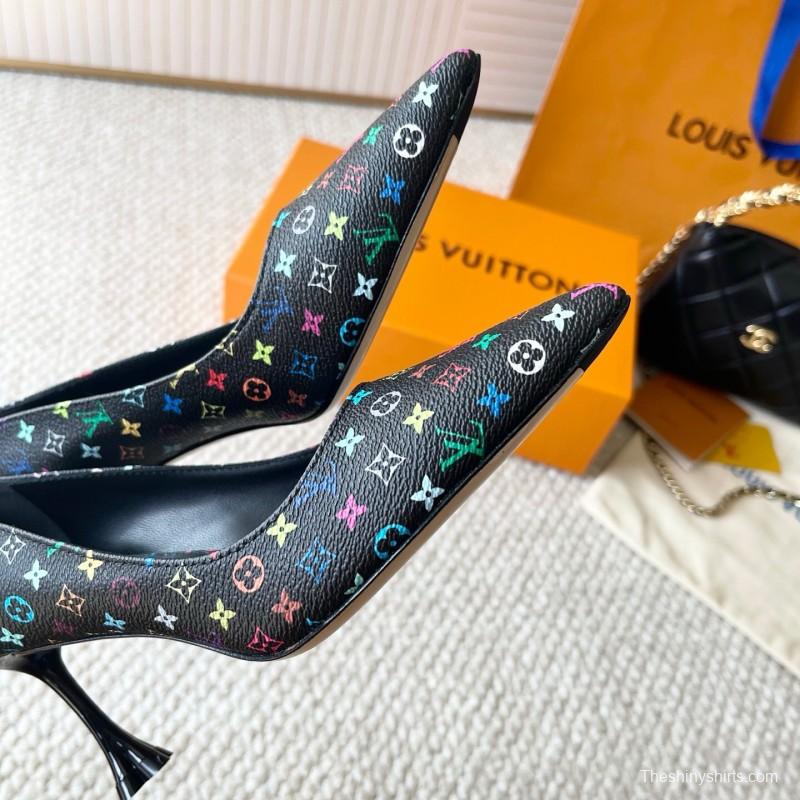 2025 Women Louis Vuitton Multicolor Canvas Leather Pumps